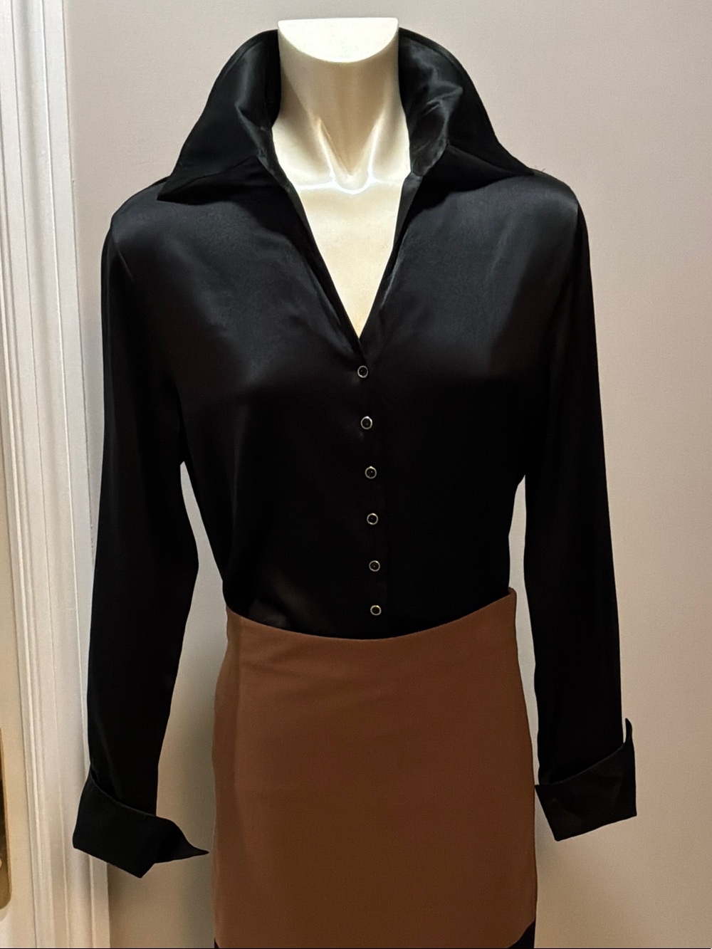 Context Black Satin Button-Front Shirt with Stand Collar